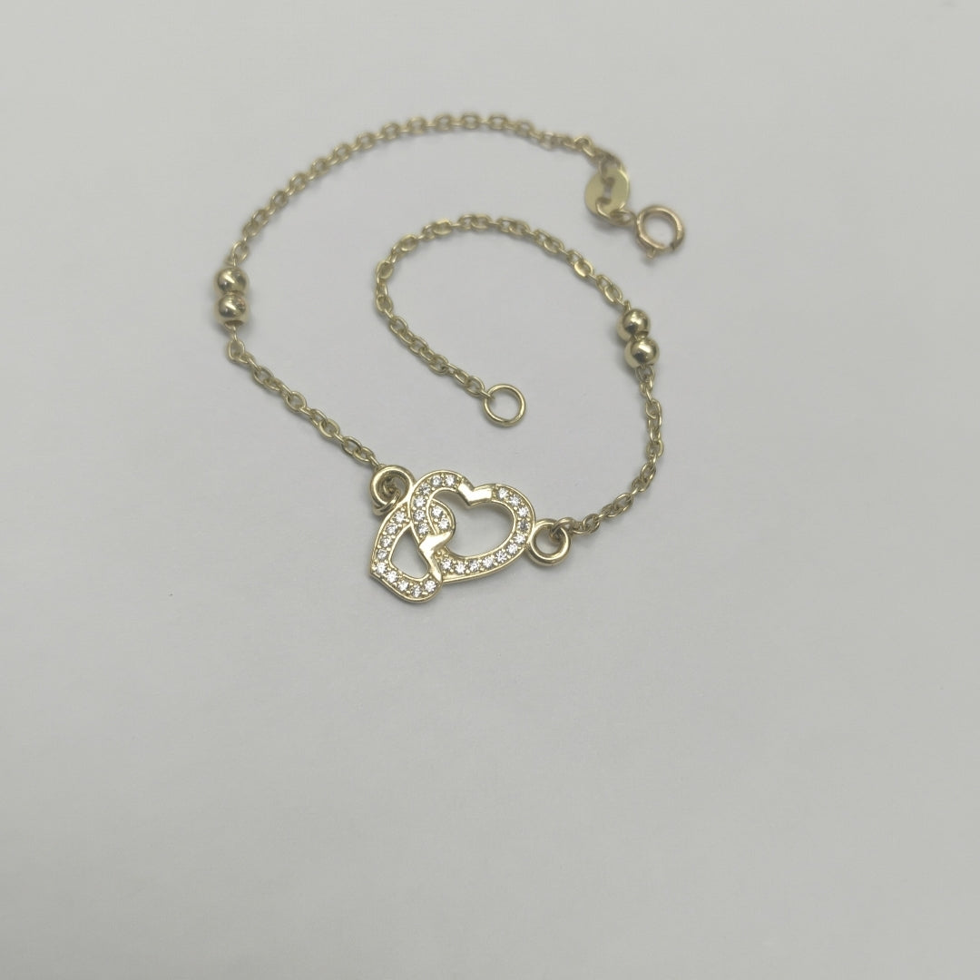 PULSERA TEJIDO ESPECIAL CORAZONES CON CIRCONIAS 14K 18 CM 2.4 GR (NUEVO)