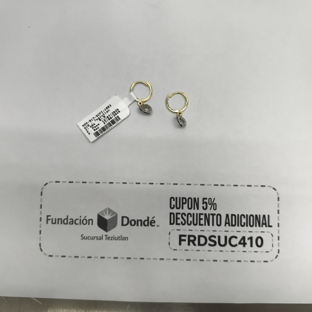ARETES HUGGIES CON DIJE CORAZON Y CIRCONIAS 14K 2.2 GR (NUEVO)