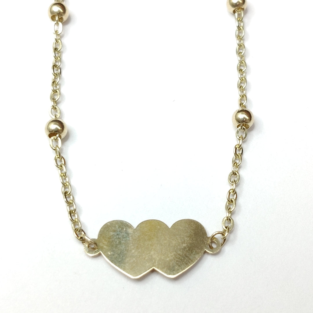 PULSERA TEJIDO ESPECIAL CON DOS CORAZONES 14K 18 CM 1.7 GR (NUEVO)