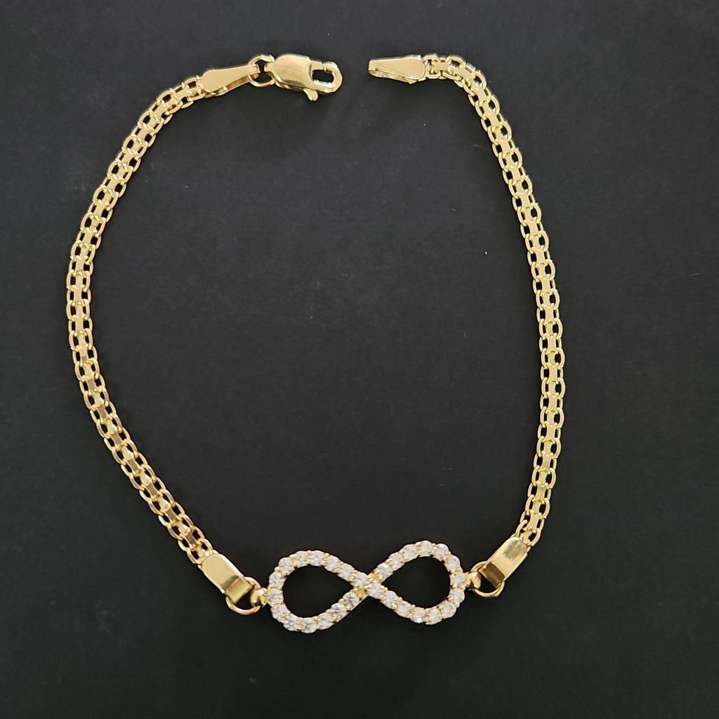PULSERA TEJIDO ESPECIAL CON INFINITO Y CIRCONIAS 14K 18 CM 3.4 GR (NUEVO)