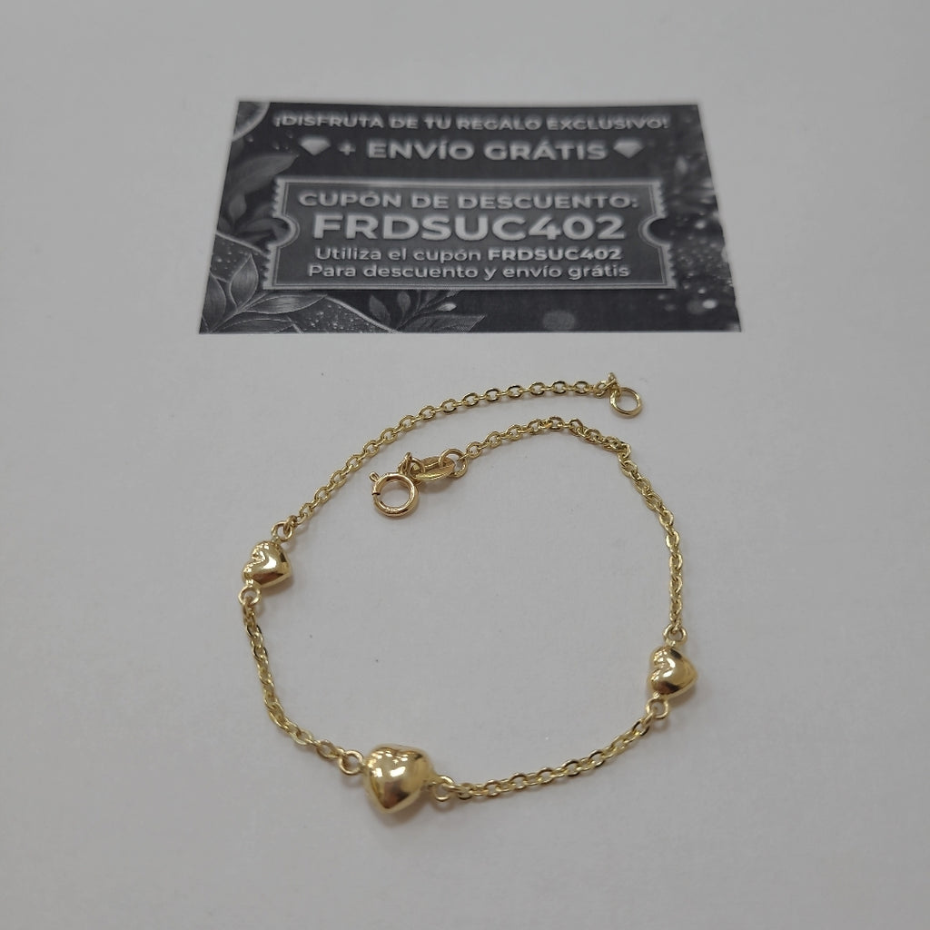 PULSERA TEJIDO ESPECIAL CON CORAZONES 14K 18 CM 1.7 GR (NUEVO)