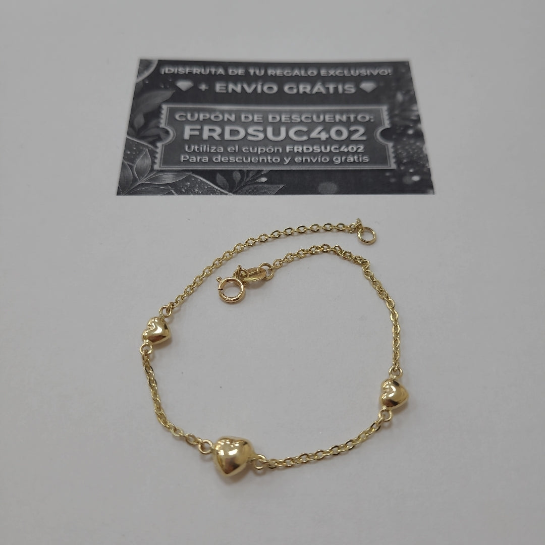 PULSERA TEJIDO ESPECIAL CON CORAZONES 14K 18 CM 1.7 GR (NUEVO)