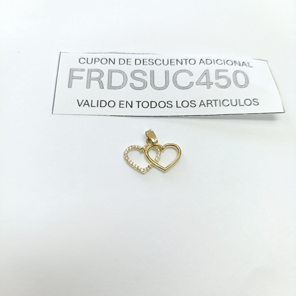 DIJE TEJIDO DOS CORAZONES CON CIRCONIAS 14K 1.4 GR (NUEVO)