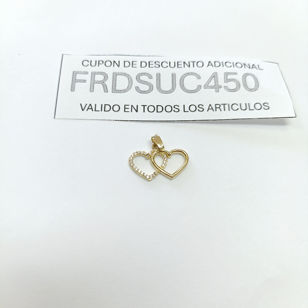 DIJE TEJIDO DOS CORAZONES CON CIRCONIAS 14K 1.4 GR (NUEVO)