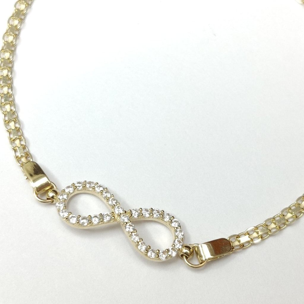 PULSERA TEJIDO ESPECIAL CON INFINITO Y CIRCONIAS 14K 18 CM 3.3 GR (NUEVO)