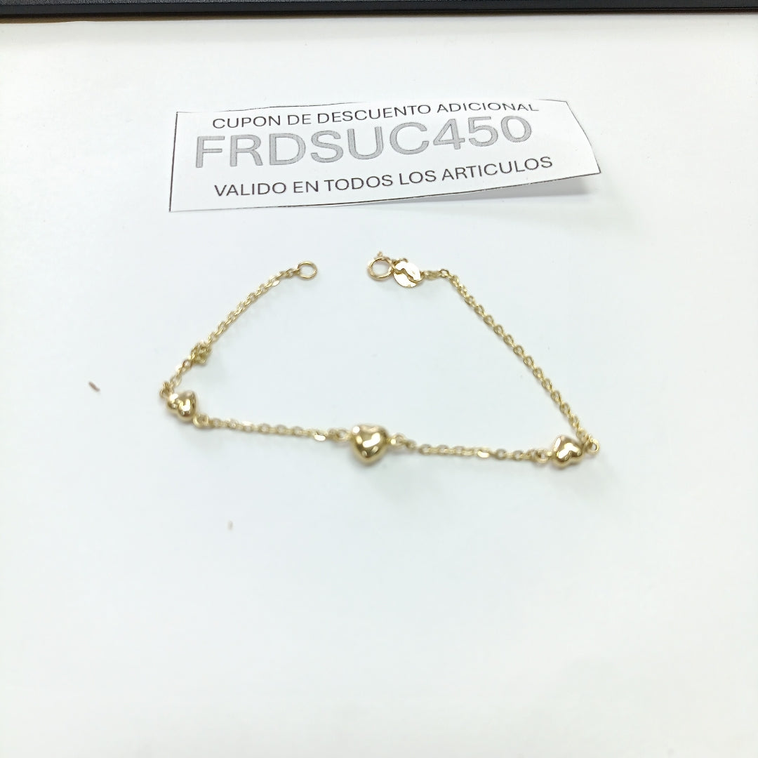 PULSERA TEJIDO ESPECIAL CON CORAZONES 14K 18 CM 1.7 GR (NUEVO)