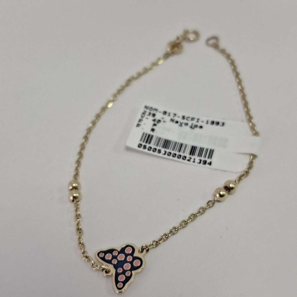 PULSERA TEJIDO ESPECIAL MARIPOSA CON ESMALTE 14K 18 CM 1.8 GR (NUEVO)