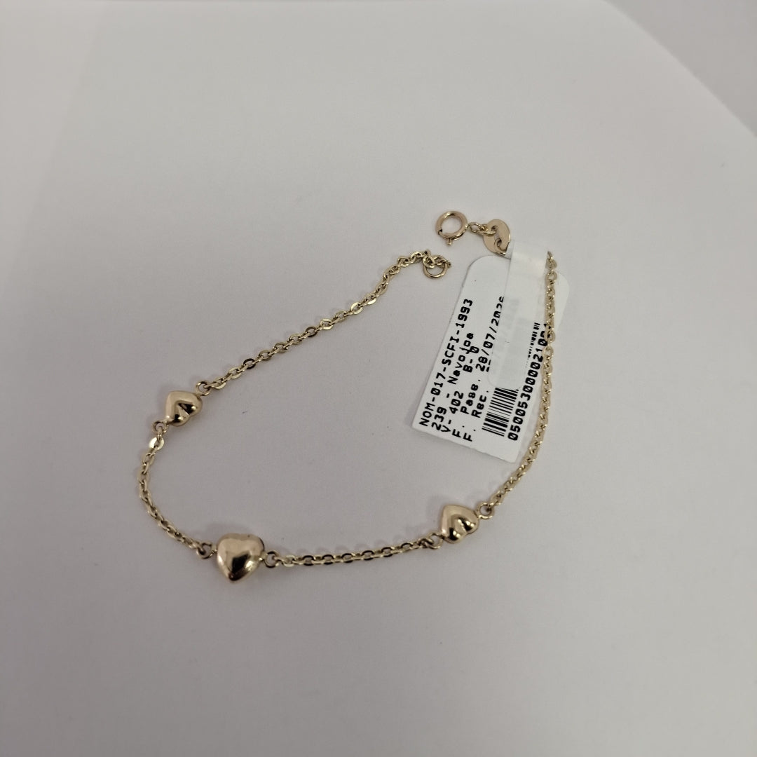 PULSERA TEJIDO ESPECIAL CON CORAZONES 14K 18 CM 1.6 GR (NUEVO)