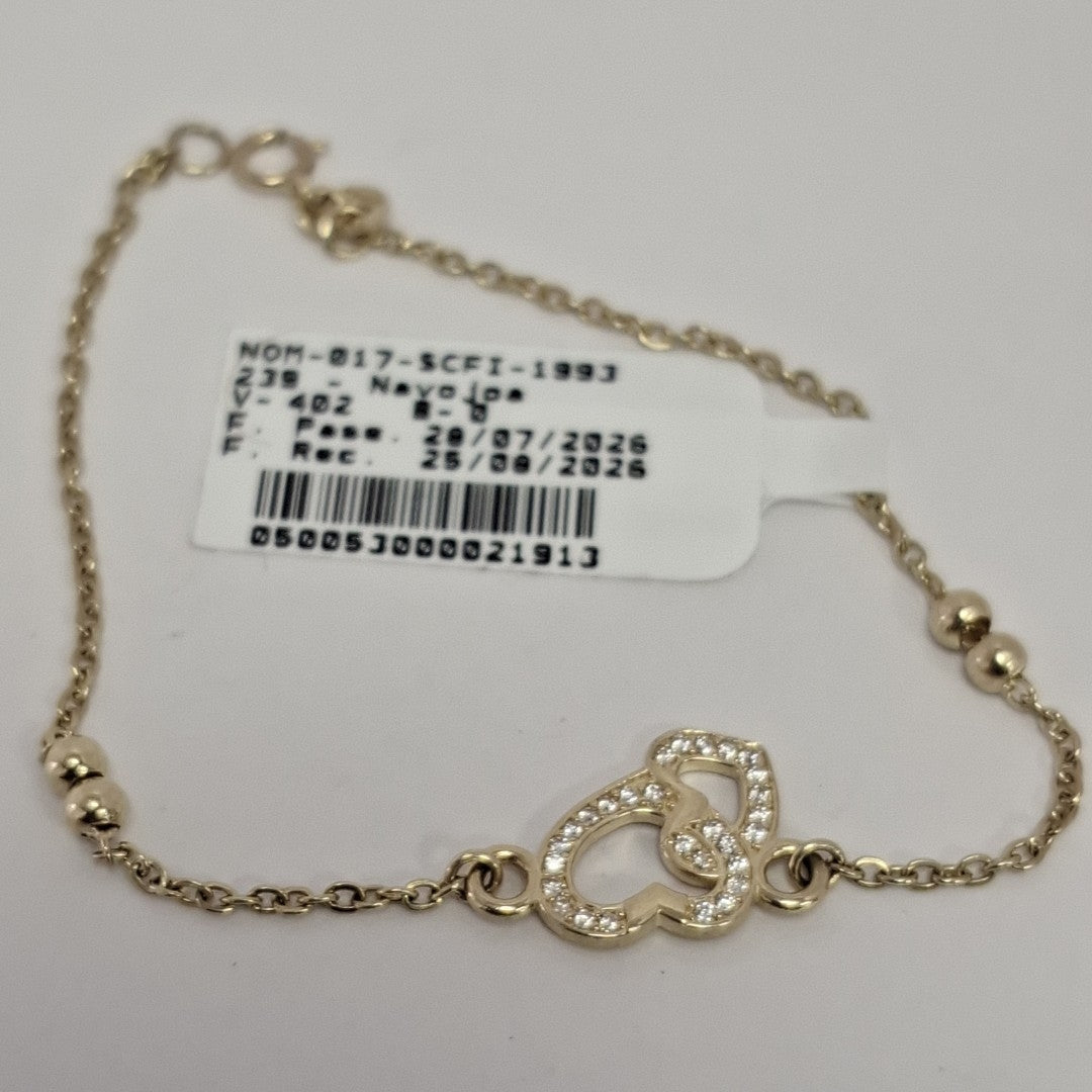 PULSERA TEJIDO ESPECIAL CORAZONES CON CIRCONIAS 14K 18 CM 2.4 GR (NUEVO)