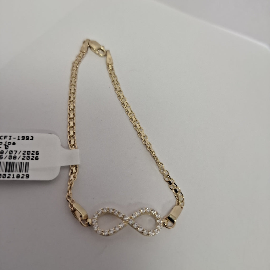PULSERA TEJIDO ESPECIAL CON INFINITO Y CIRCONIAS 14K 18 CM 3.4 GR (NUEVO)