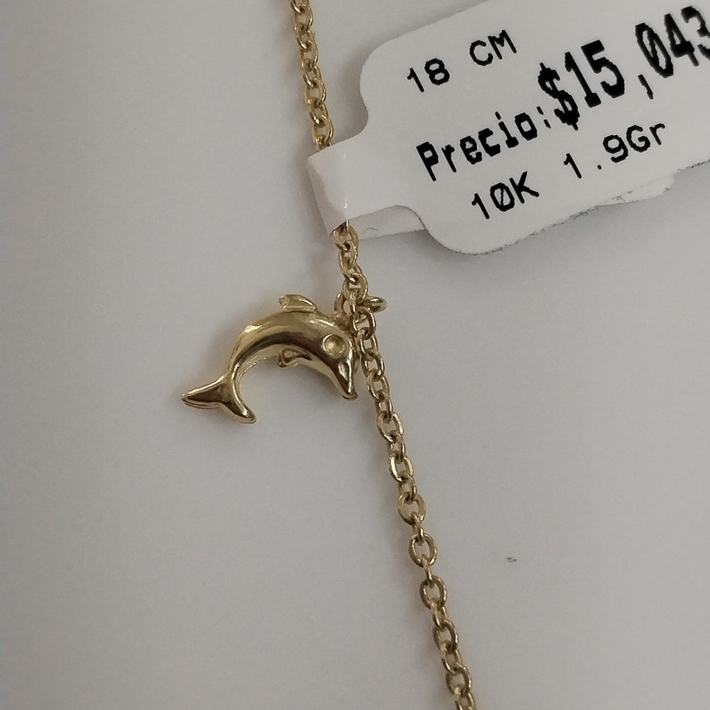PULSERA ESPECIAL CON DIJES DELFINES 10K 18 CM 1.9 GR (NUEVO)