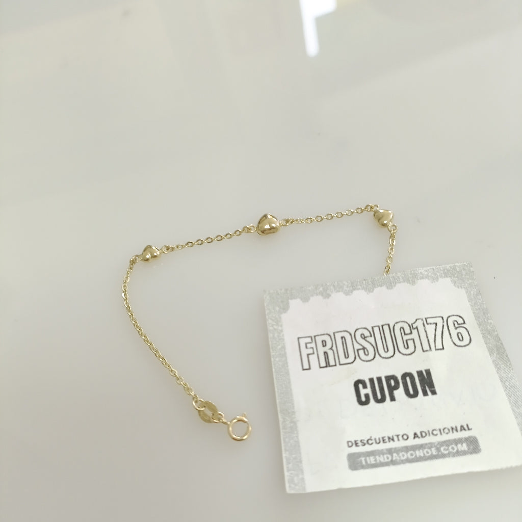 PULSERA TEJIDO ESPECIAL CON CORAZONES 14K 18 CM 1.7 GR (NUEVO)