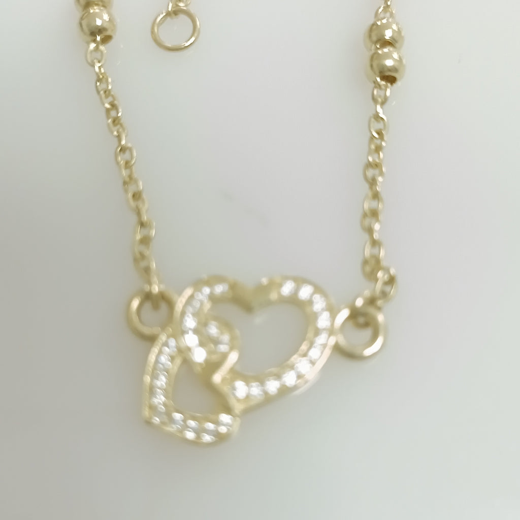 PULSERA TEJIDO ESPECIAL CORAZONES CON CIRCONIAS 14K 18 CM 2.4 GR (NUEVO)