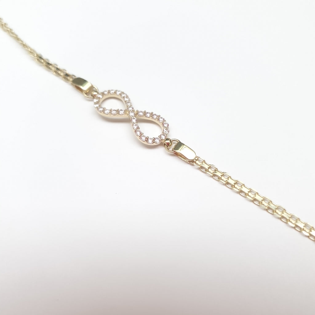 PULSERA TEJIDO ESPECIAL CON INFINITO Y CIRCONIAS 14K 18 CM 3.4 GR (NUEVO)