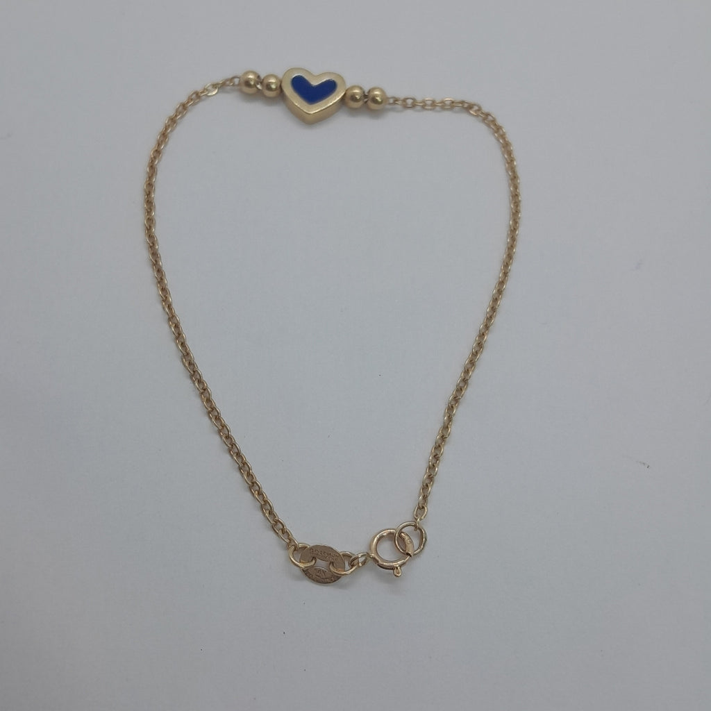 PULSERA TEJIDO ESPECIAL CON FIGURA CORAZON CON ESMALTE AZUL 14K 18 CM 1.9 GR (NUEVO)