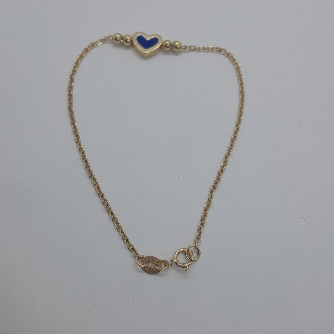 PULSERA TEJIDO ESPECIAL CON FIGURA CORAZON CON ESMALTE AZUL 14K 18 CM 1.9 GR (NUEVO)