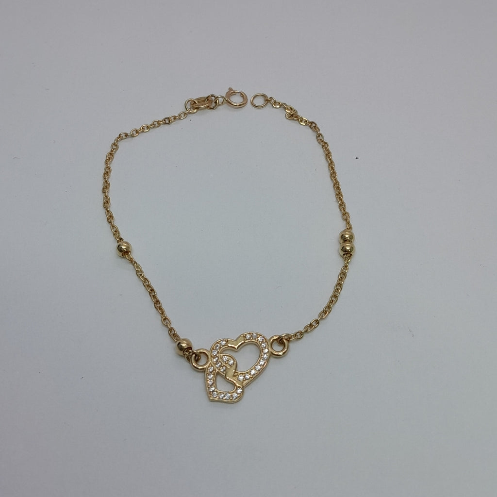 PULSERA TEJIDO ESPECIAL CORAZONES CON CIRCONIAS 14K 18 CM 2.4 GR (NUEVO)