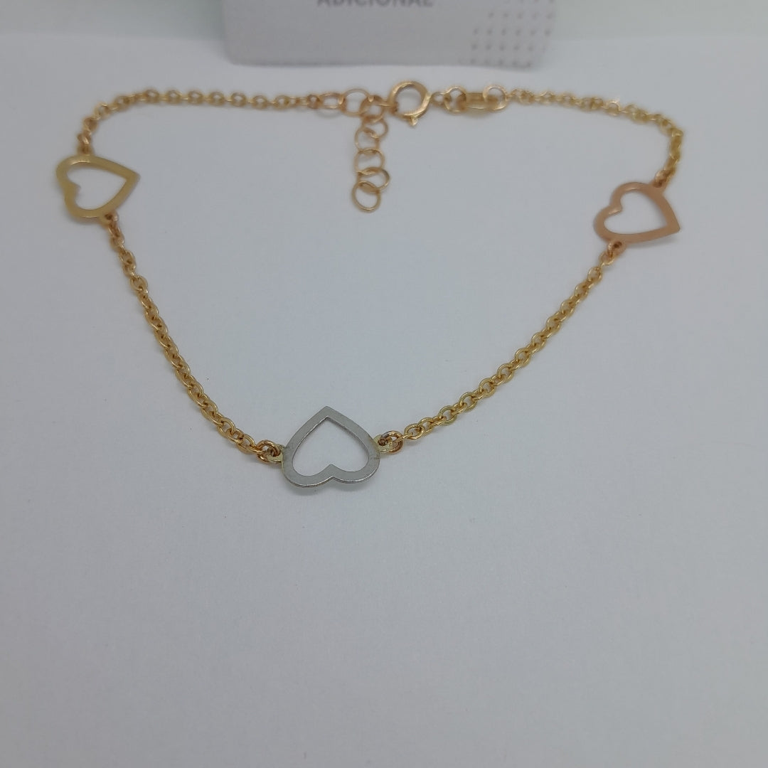 PULSERA ESPECIAL CON CORAZONES CONBINADOS 14K 18 CM 1.7 GR (NUEVO)