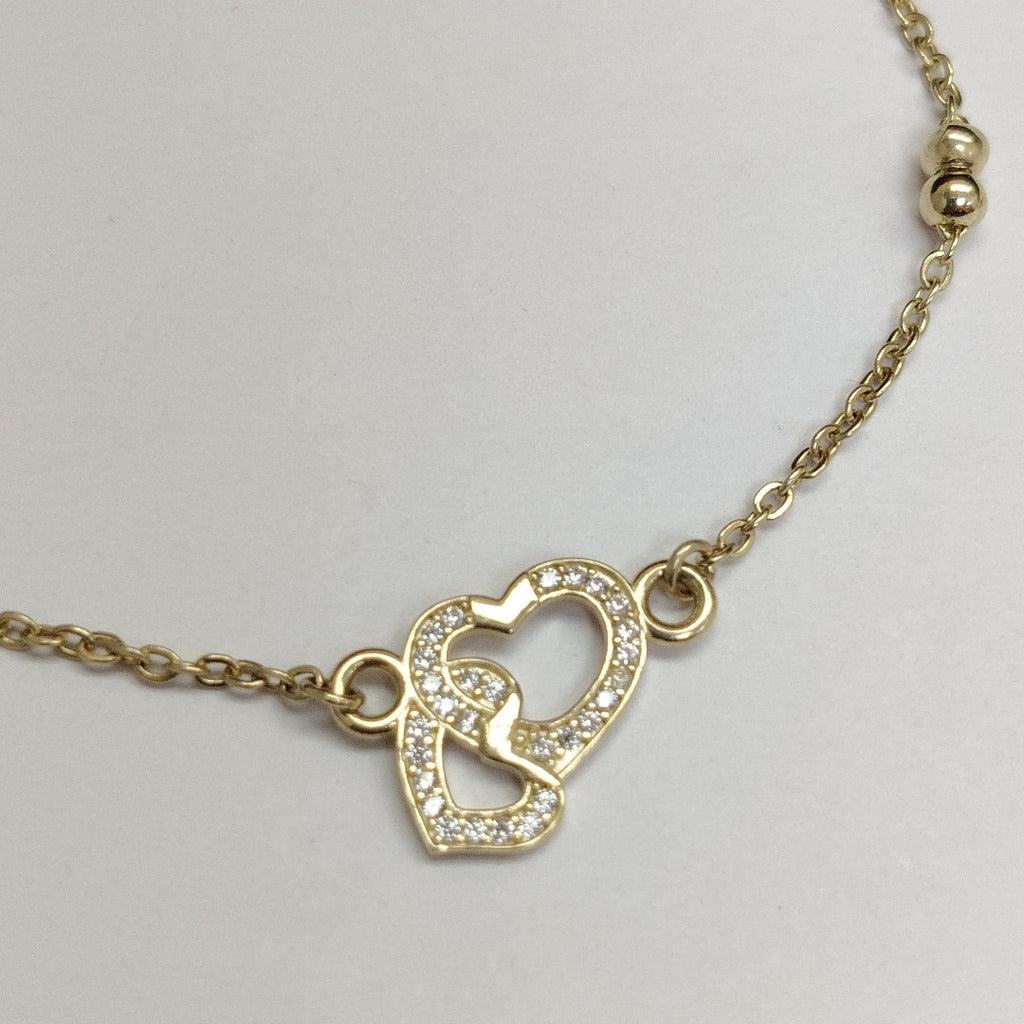 PULSERA TEJIDO ESPECIAL CORAZONES CON CIRCONIAS 14K 18 CM 2.4 GR (NUEVO)