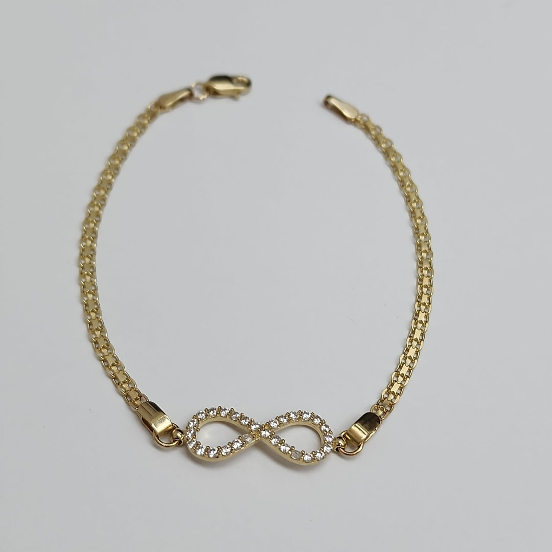 PULSERA TEJIDO ESPECIAL CON INFINITO Y CIRCONIAS 14K 18 CM 3.3 GR (NUEVO)