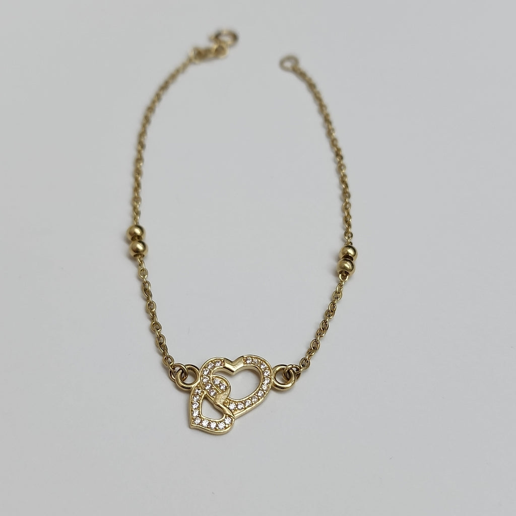 PULSERA TEJIDO ESPECIAL CORAZONES CON CIRCONIAS 14K 18 CM 2.4 GR (NUEVO)