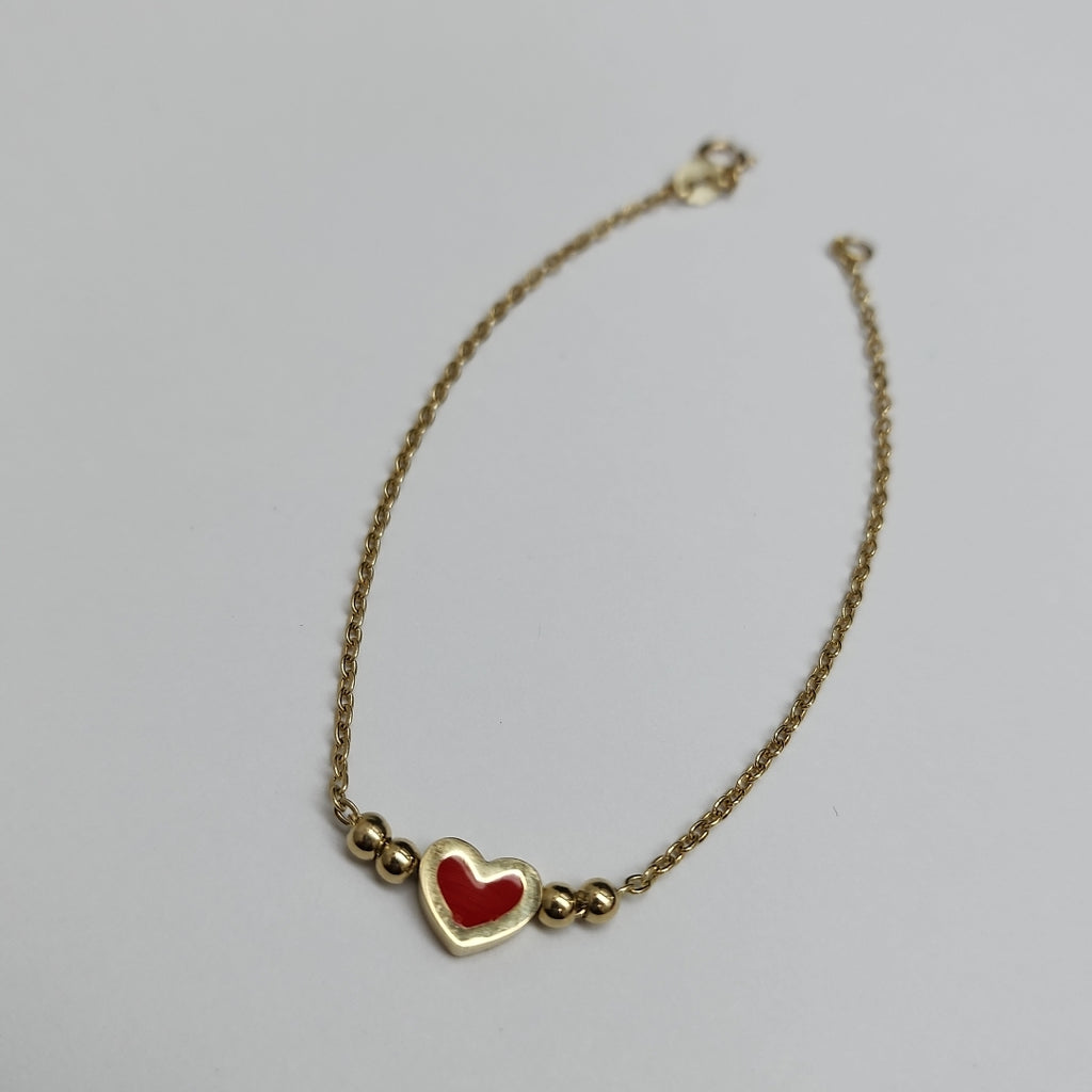 PULSERA TEJIDO ESPECIAL C CORAZON ROJO 14K 18 CM 2 GR (NUEVO)