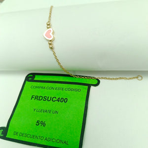 PULSERA TEJIDO ESPECIAL CON FIGURA CORAZON CON ESMALTE ROSA 14K 18 CM 2 GR (NUEVO)