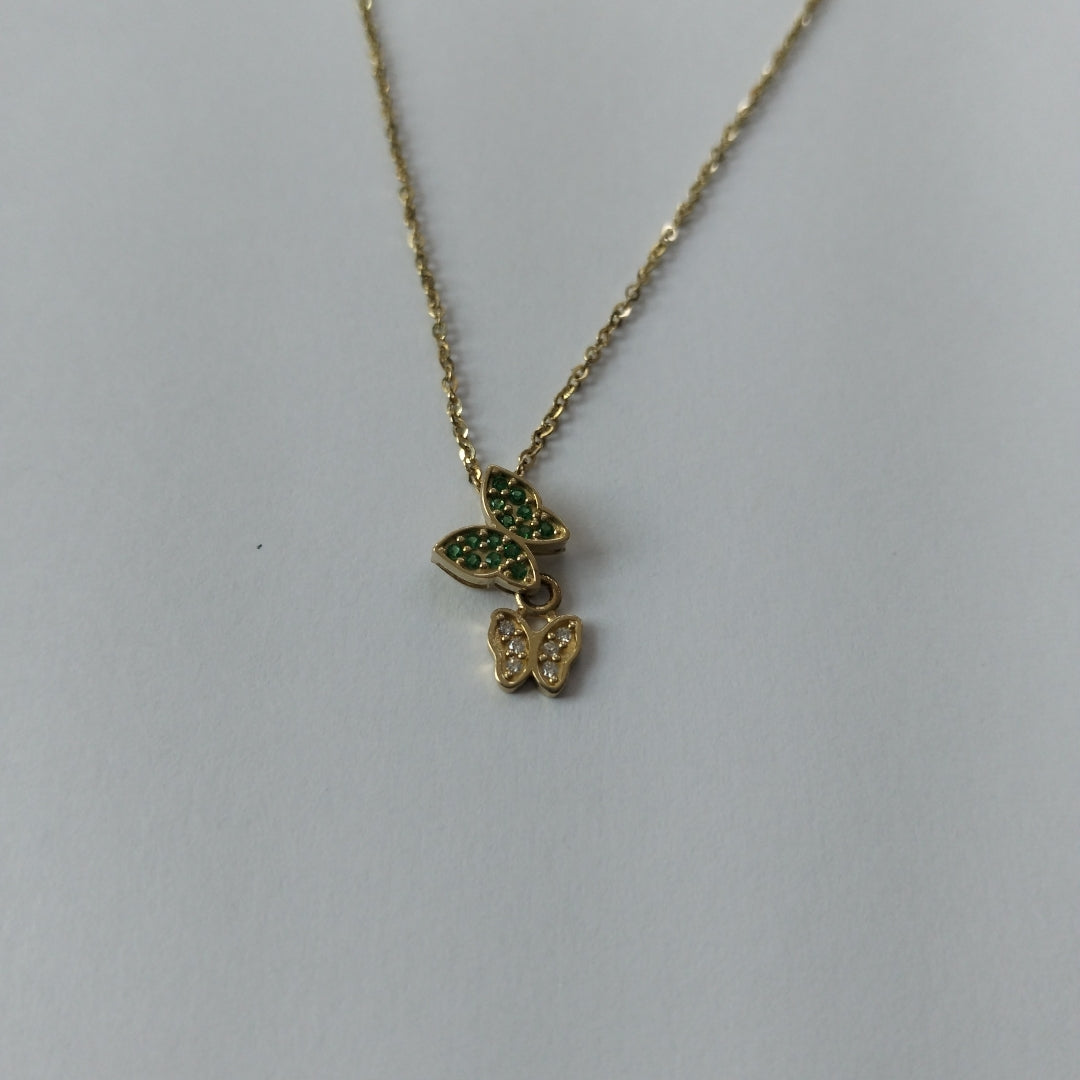 CADENA TEJIDO GARGANTILLA CON DIJE MARIPOSAS CIRCONIAS Y PIEDRAS DE COLOR 14K 45 CM 1.9 GR (NUEVO)