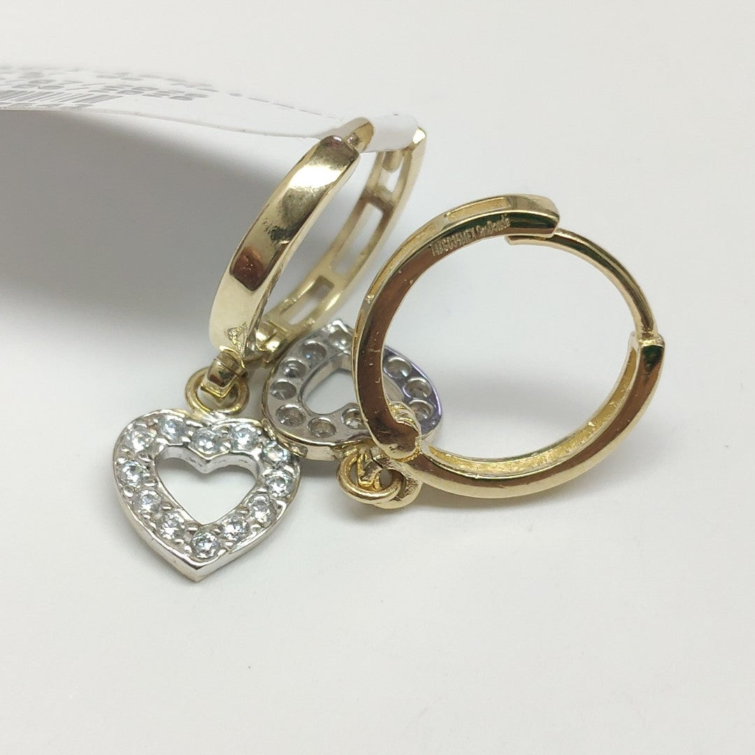 ARETES HUGGIES CON DIJE CORAZON Y CIRCONIAS 14K 2.2 GR (NUEVO)
