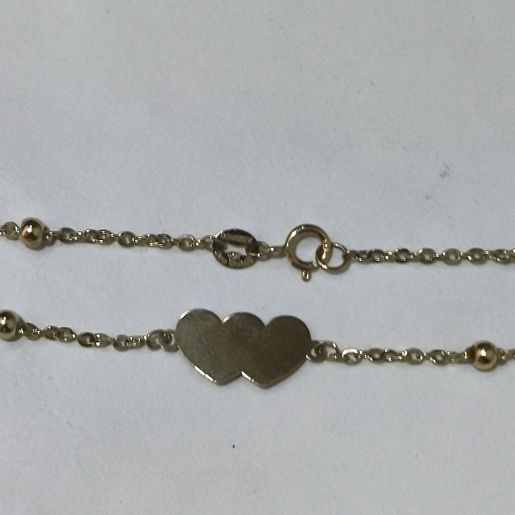 PULSERA TEJIDO ESPECIAL CON DOS CORAZONES 14K 18 CM 1.7 GR (NUEVO)