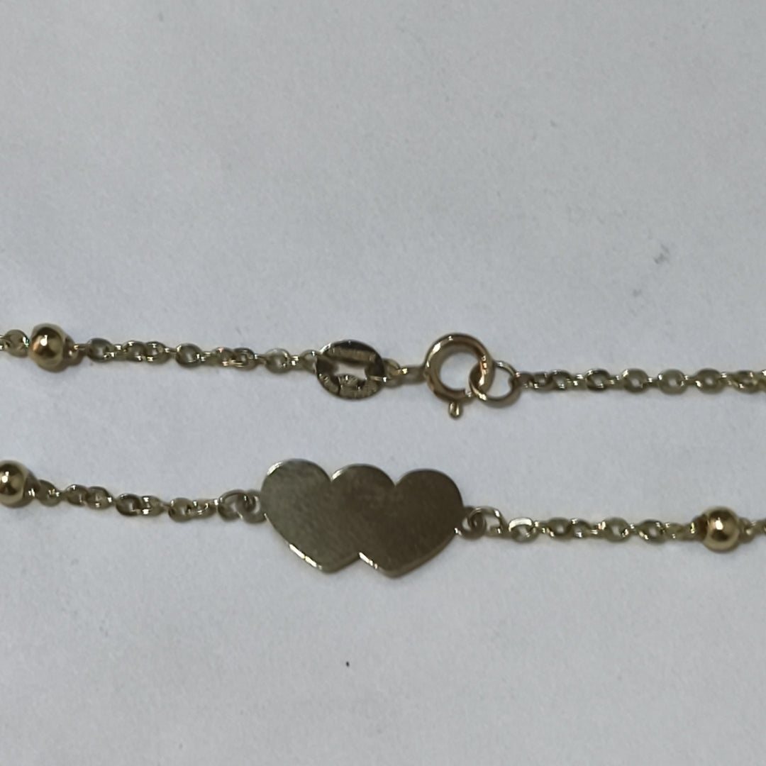 PULSERA TEJIDO ESPECIAL CON DOS CORAZONES 14K 18 CM 1.7 GR (NUEVO)