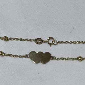 PULSERA TEJIDO ESPECIAL CON DOS CORAZONES 14K 18 CM 1.7 GR (NUEVO)