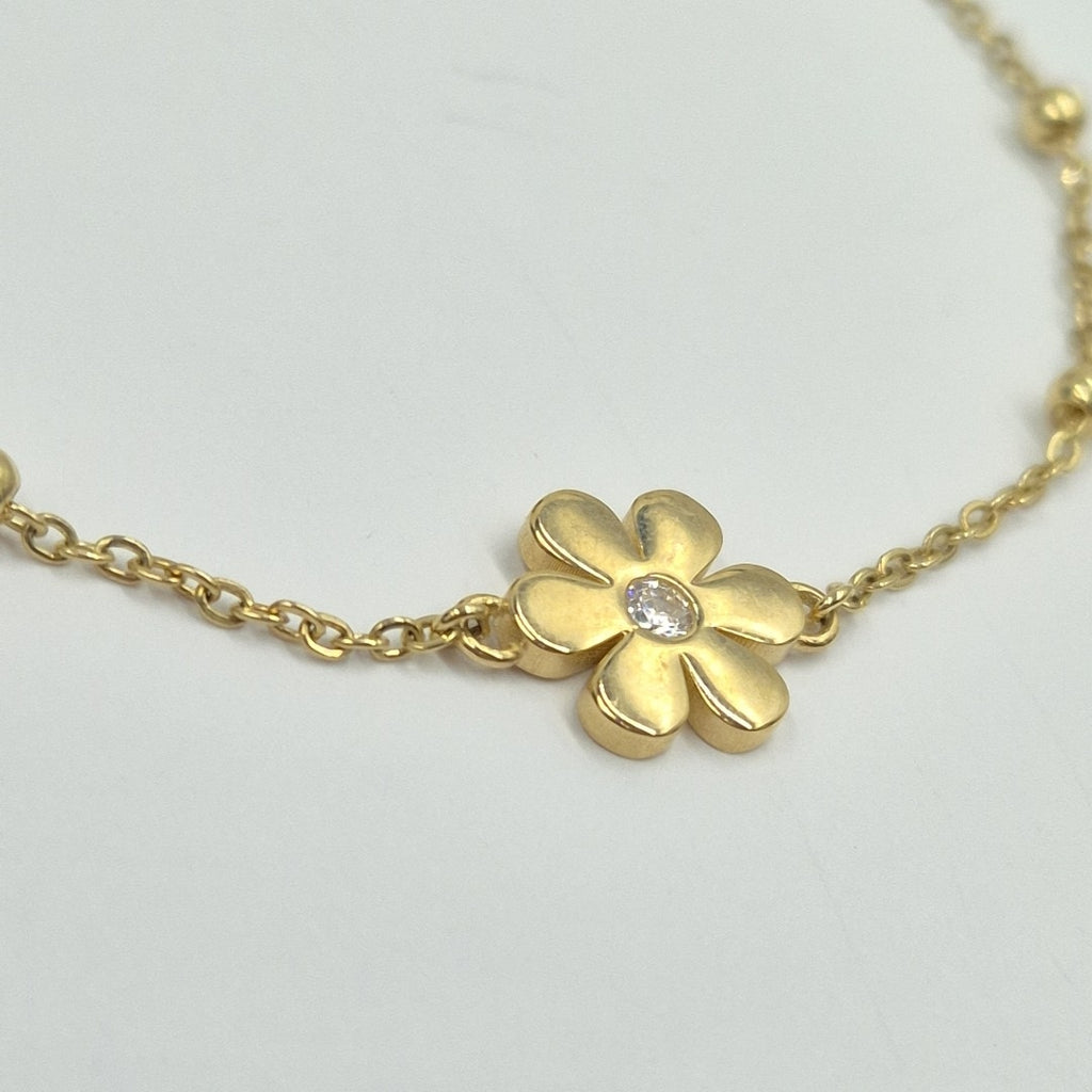 PULSERA TEJIDO ESPECIAL FLOR CON CIRCONIA 14K 18 CM 2.4 GR (NUEVO)