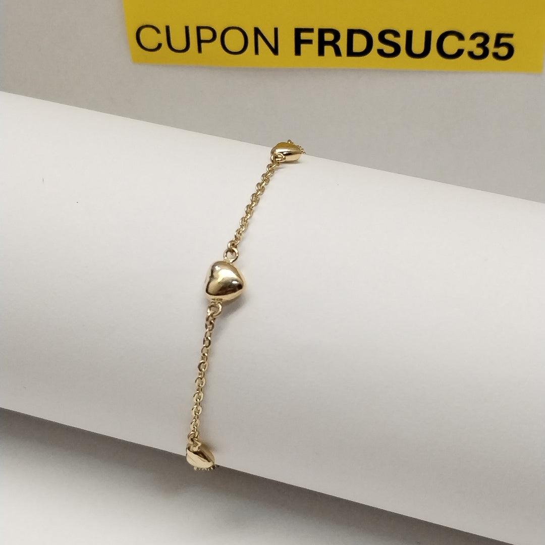 PULSERA TEJIDO ESPECIAL CON CORAZONES 14K 18 CM 1.7 GR (NUEVO)