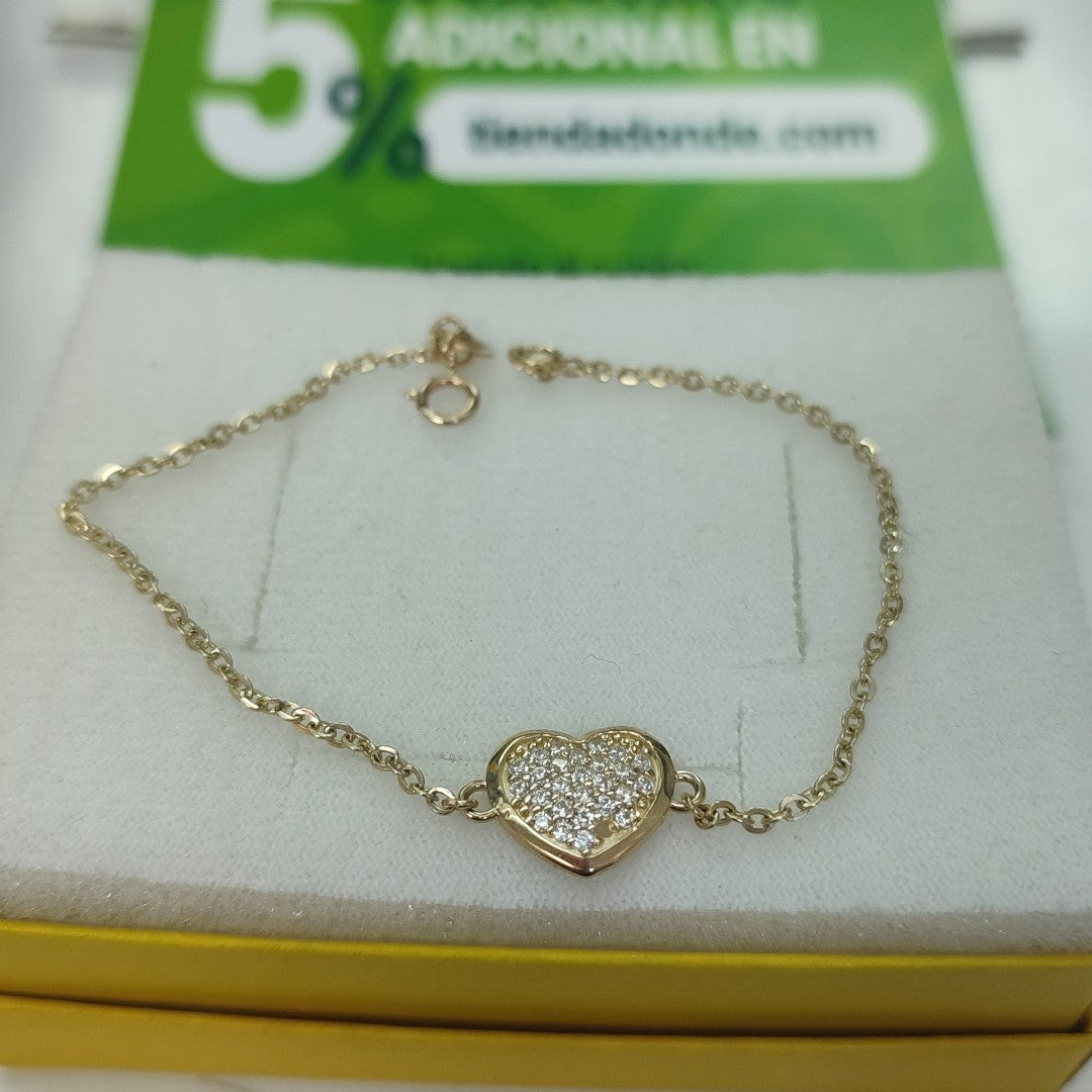 PULSERA TEJIDO ESPECIAL C CORAZON CIRCONIAS 14K 18 CM 2 GR (NUEVO)