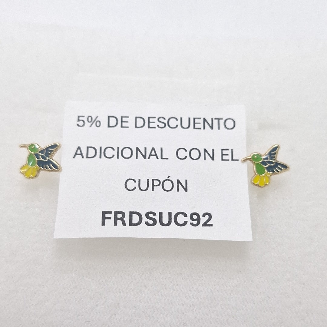 BROQUELES BROQUEL FIG COLIBRI ESMALTE VERDE 14K 0.2138 GR (NUEVO)