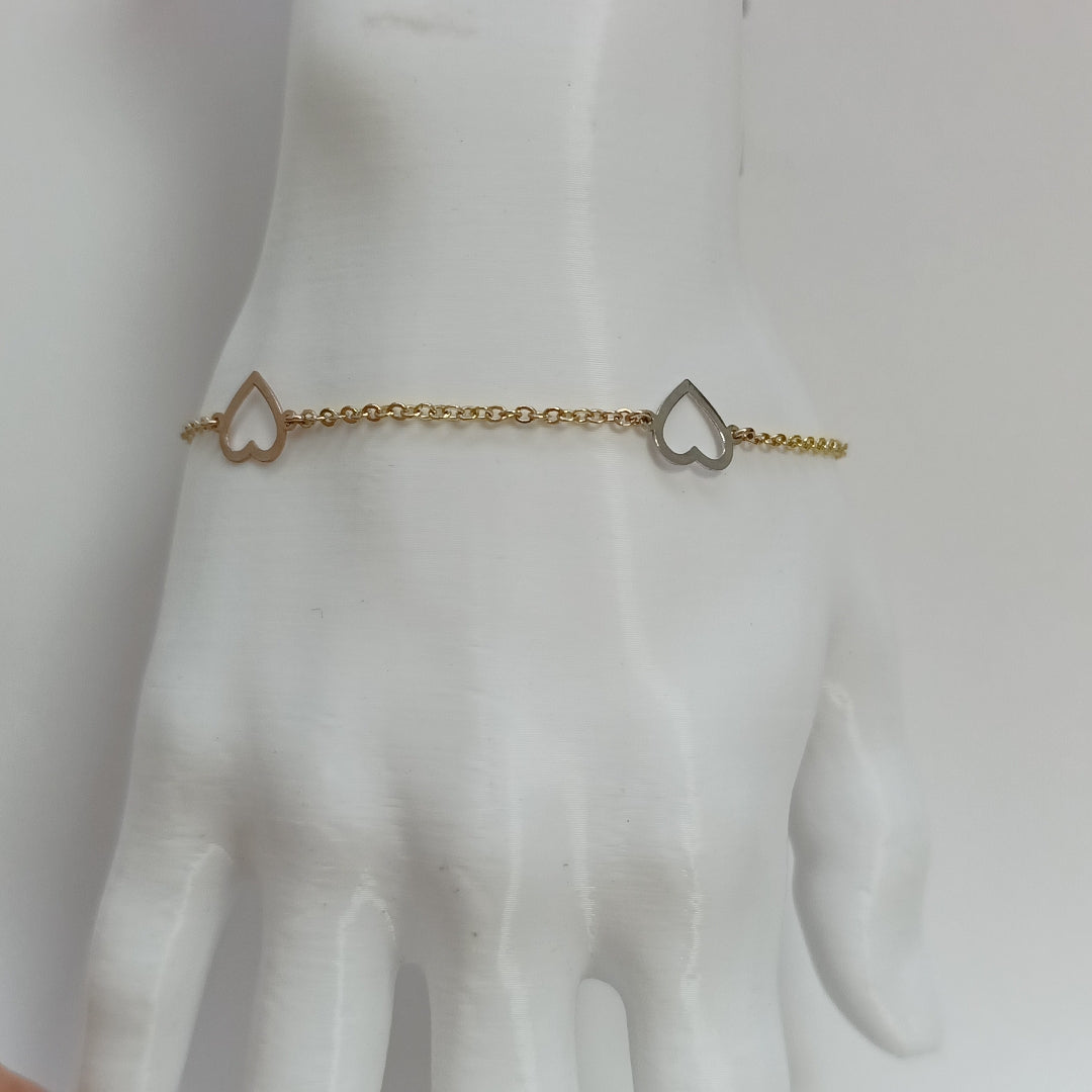 PULSERA ESPECIAL CON CORAZONES CONBINADOS 14K 18 CM 1.7 GR (NUEVO)