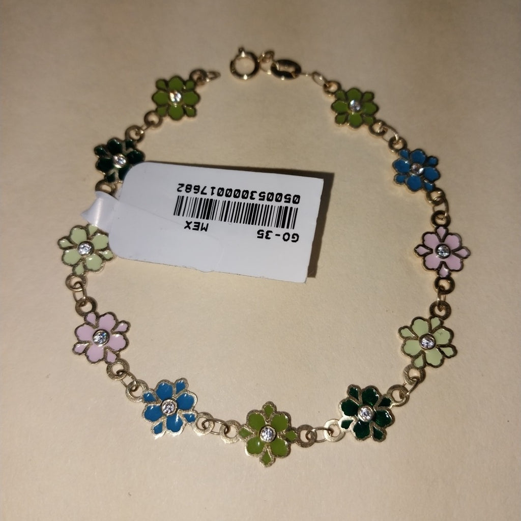 PULSERA ESPECIAL FLORES CON ESMALTE 14K 18 CM 4.6 GR (NUEVO)