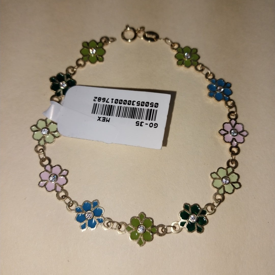 PULSERA ESPECIAL FLORES CON ESMALTE 14K 18 CM 4.6 GR (NUEVO)