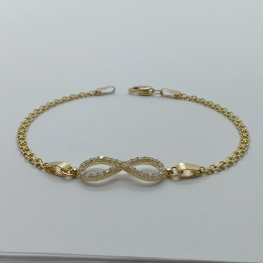 PULSERA TEJIDO ESPECIAL CON INFINITO Y CIRCONIAS 14K 18 CM 3.4 GR (NUEVO)