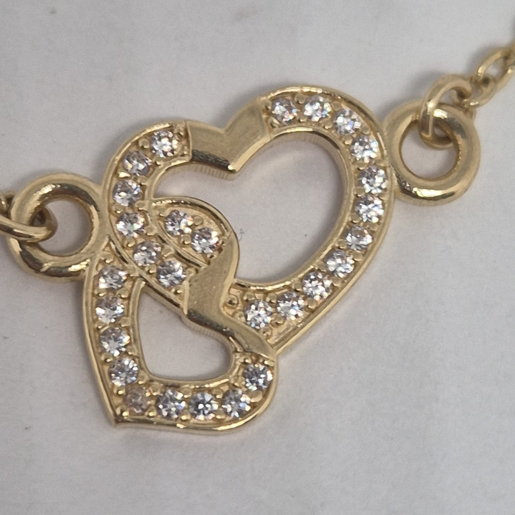 PULSERA TEJIDO ESPECIAL CORAZONES CON CIRCONIAS 14K 18 CM 2.4 GR (NUEVO)