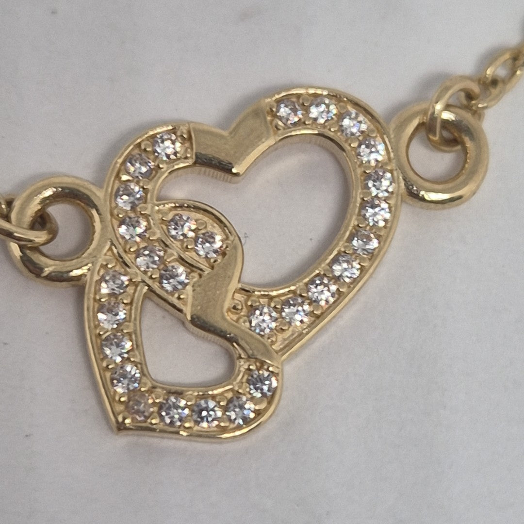 PULSERA TEJIDO ESPECIAL CORAZONES CON CIRCONIAS 14K 18 CM 2.4 GR (NUEVO)