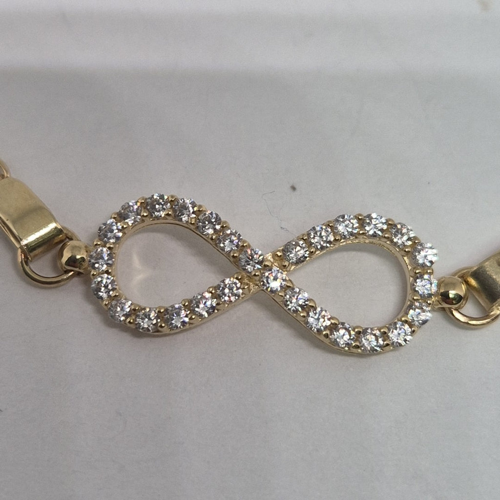 PULSERA TEJIDO ESPECIAL CON INFINITO Y CIRCONIAS 14K 18 CM 3.4 GR (NUEVO)