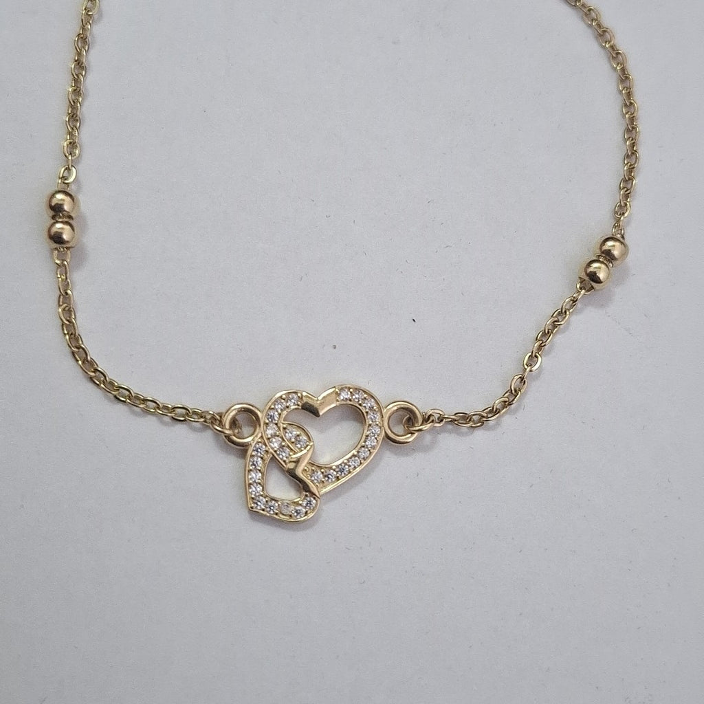 PULSERA TEJIDO ESPECIAL CORAZONES CON CIRCONIAS 14K 18 CM 2.3 GR (NUEVO)