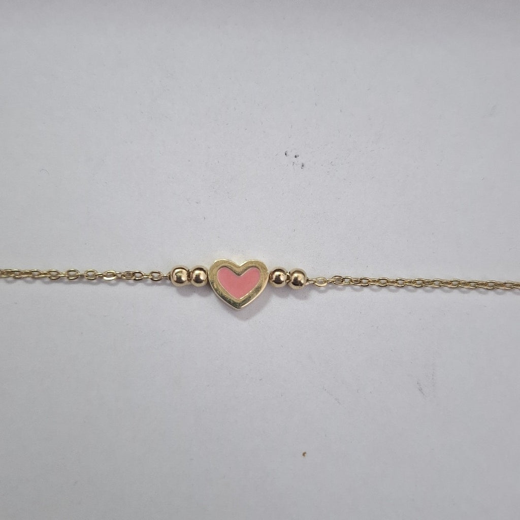 PULSERA TEJIDO ESPECIAL CON FIGURA CORAZON CON ESMALTE ROSA 14K 18 CM 1.9 GR (NUEVO)