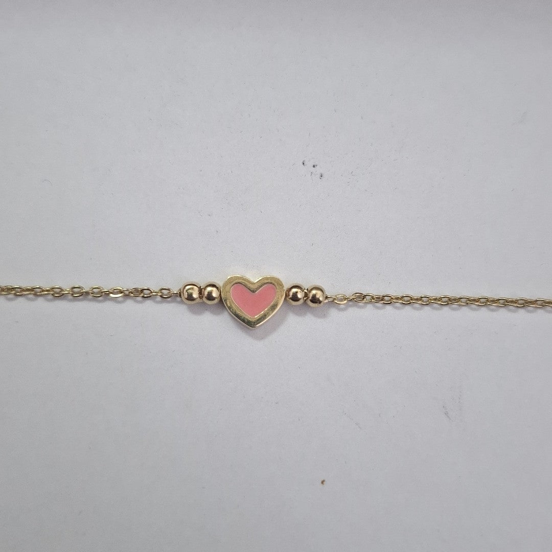 PULSERA TEJIDO ESPECIAL CON FIGURA CORAZON CON ESMALTE ROSA 14K 18 CM 1.9 GR (NUEVO)