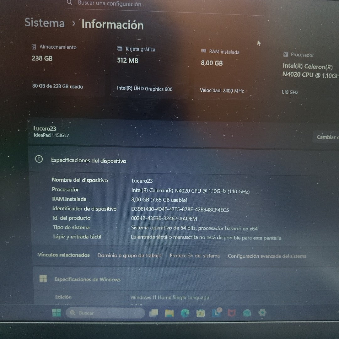LAPTOP LENOVO IDEAPAD 1 15IGL7 (2025) 256 GB SSD 8 GB RAM (SEMINUEVO)