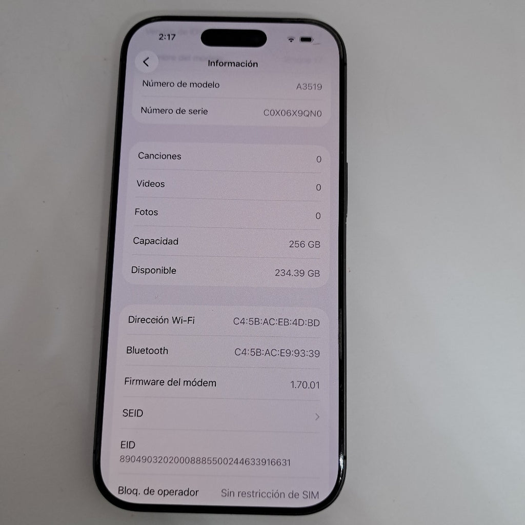 CELULAR APPLE IPHONE 17 A3519 (2025) 256 GB 8 GB RAM (SEMINUEVO)
