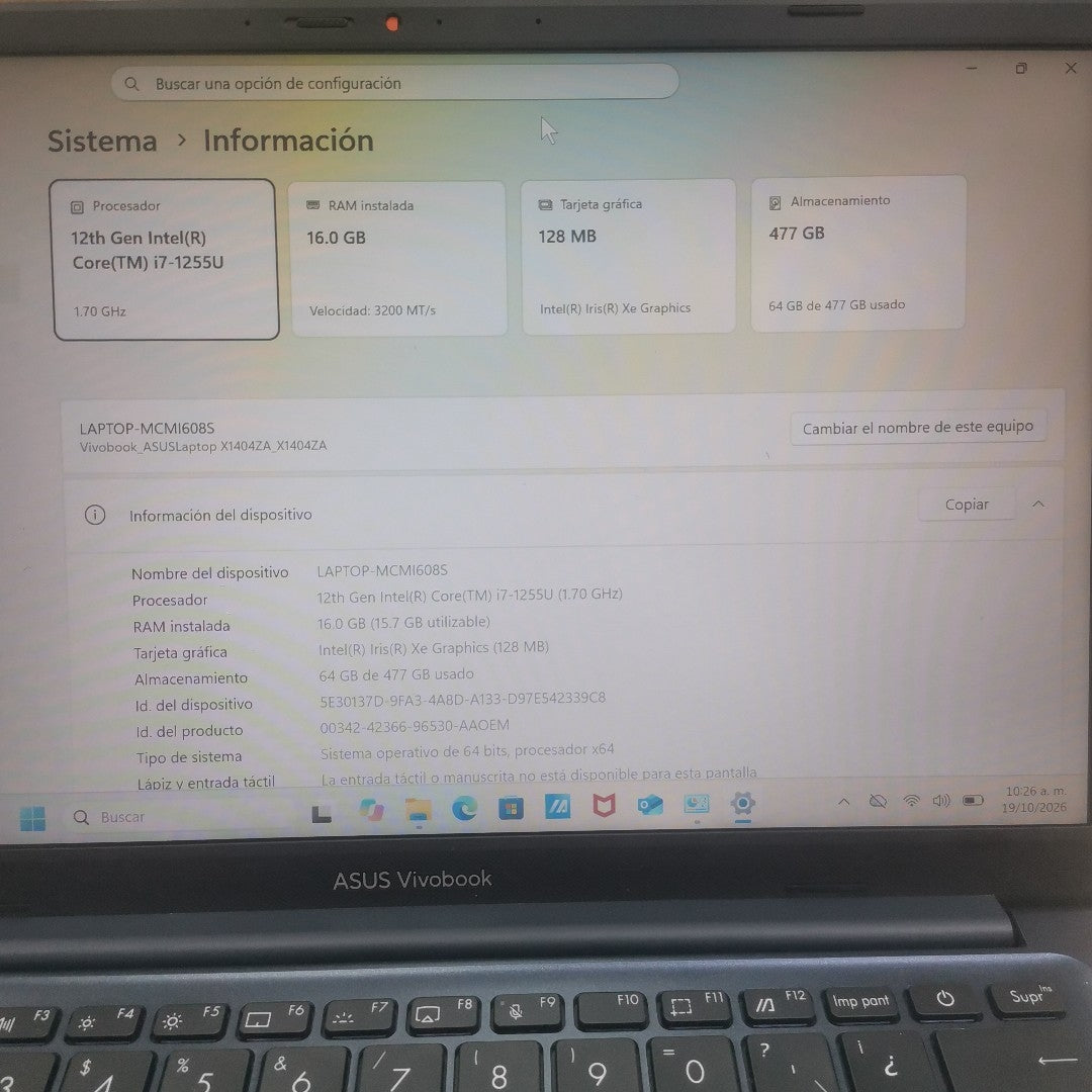 LAPTOP ASUS VIVOBOOK X1404ZA-NK090W (2024) 512 GB SSD 16 GB RAM (SEMINUEVO)