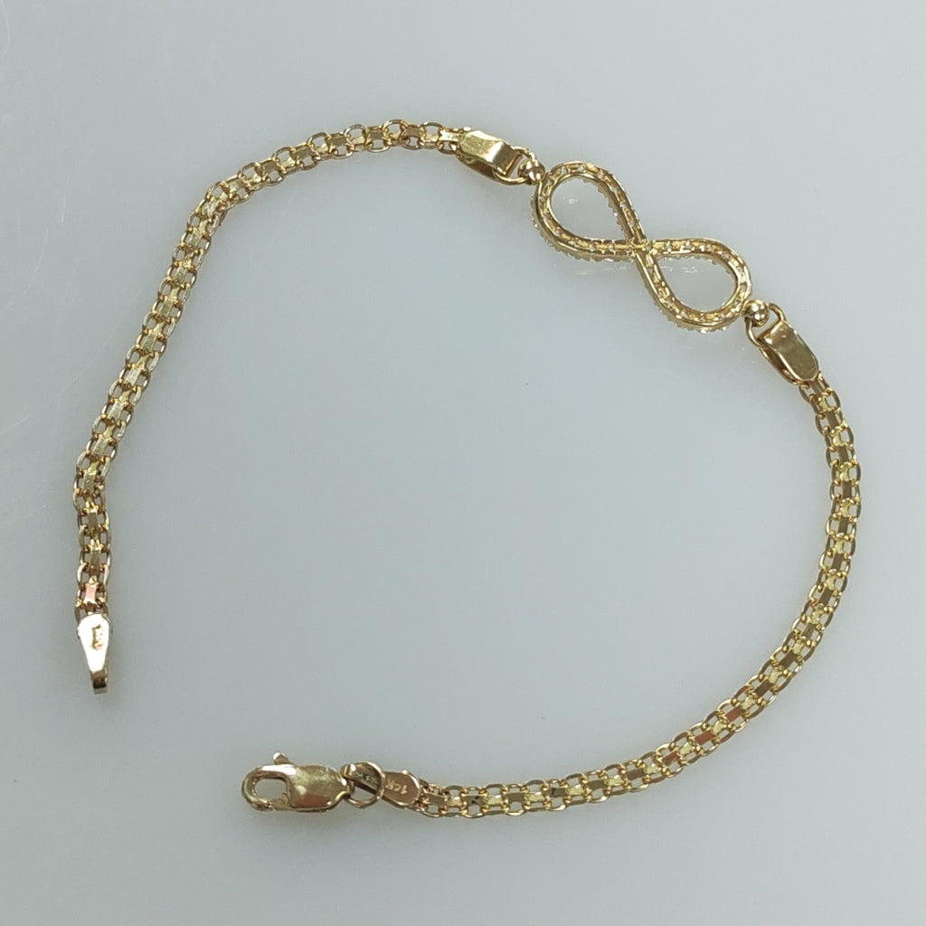 PULSERA TEJIDO ESPECIAL CON INFINITO Y CIRCONIAS 14K 18 CM 3.4 GR (NUEVO)